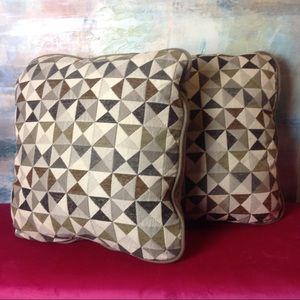 2 Brown geometric shaped pillows, 17 x 17